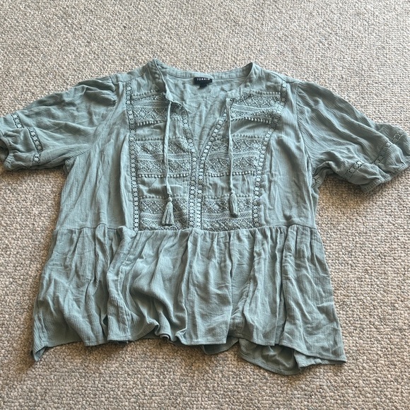 torrid Tops - torrid sage green embroidered peasant blouse with tassel